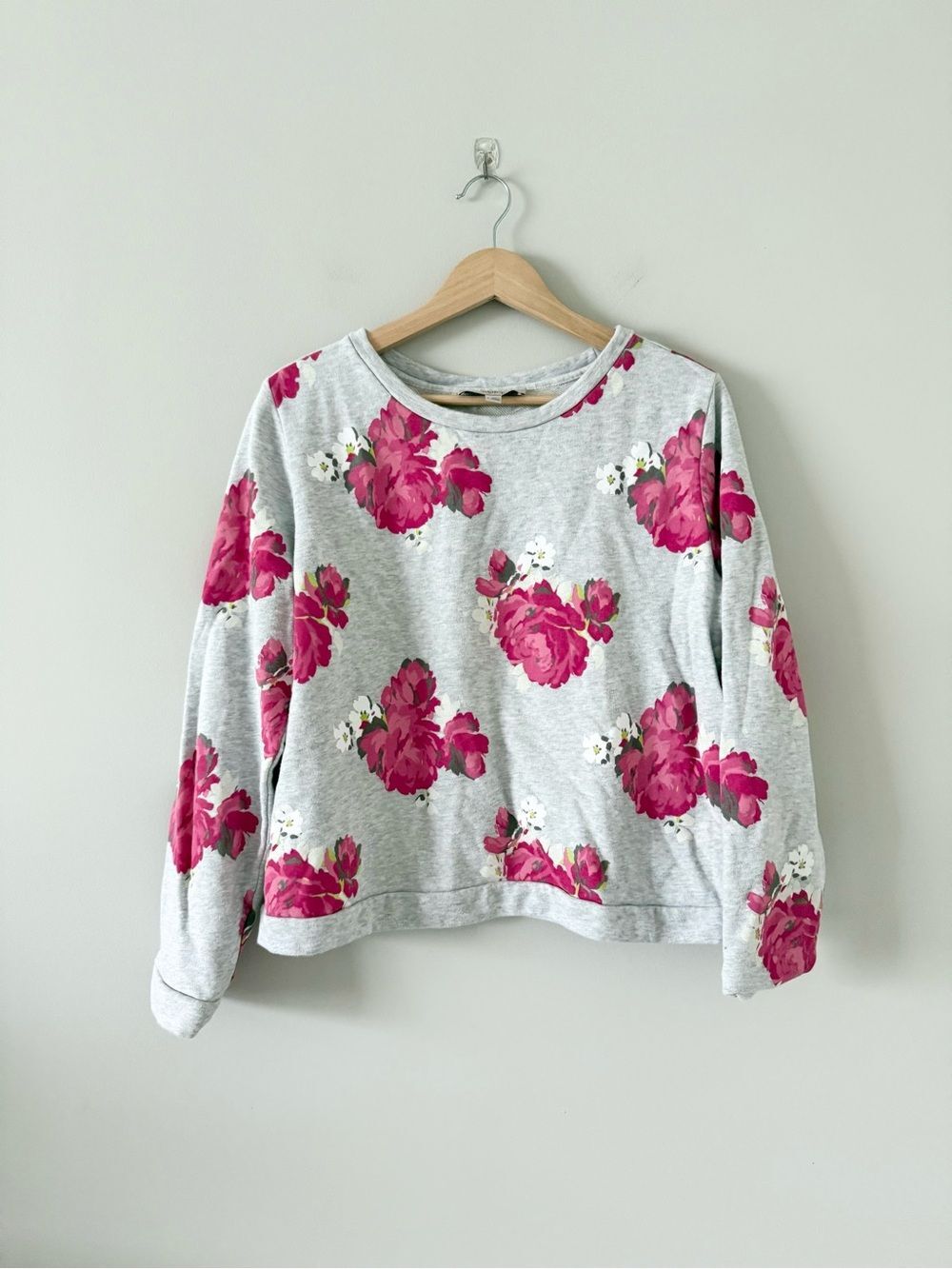 LOFT Floral Print Crewneck 100% Cotton Sweatshirt - Pink on Gray Size L